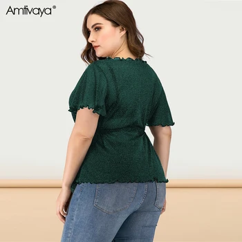 Amtivaya 2020 Poletje Ženske Stranka Bo iz Seksi / Ulični stil Plus Velikost Bluzo - Trdne Barve Sequins Krog Vratu Zardevanje Roza