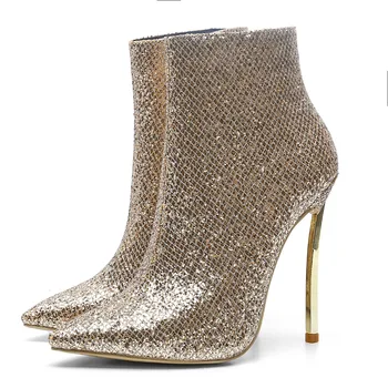 Arden Furtado 2019 pomlad novih visokih petah 12 cm gleženj škornji modno kovinsko zadrgo petah, ženska, čevlji zlato, srebro stranka čevlji velikosti 33