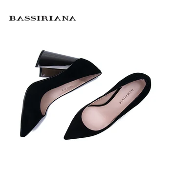 Bassiriana 2020 Pomlad Novo opozoril visoke pete ženske čevlje pravega usnja, semiša black visoke pete udobno