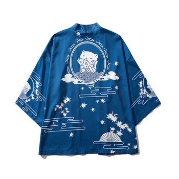 Bebovizi Japonskem Slogu Cat Natisnjeni Tanke Kimono Moških Japonski Ulične Blue Jackets Priložnostne Vrhnjih Oblačil 2019