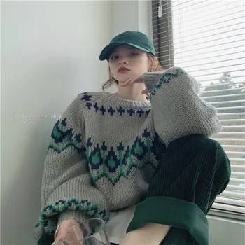 Božič jacquardske hit barve pleteni pulover svoboden oversize leni slog, ki je vse-tekmo, puloverji priložnostne moda kul mehko puloverji