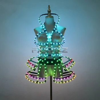 Celoten Barvni Digitalni LED Kletko Oblačila Obleko prižgejo Svetlobni Kostume Seksi Dekle Balet Tutu Ples LED Izdolbla-Out Obleko