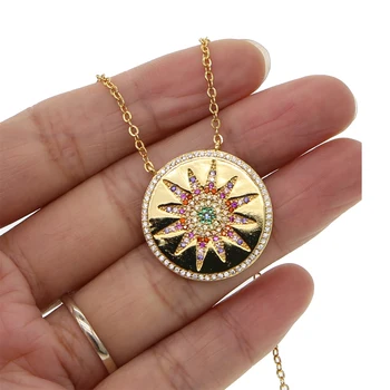 CZ sonce cvet krog kovanca Obesek ogrlice za ženske mavrica cz disk engrave star starburst geometrijske trendy modni nakit