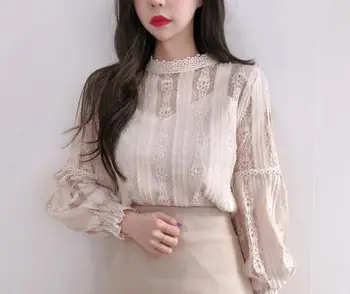Dingaozlz korejski elegantno žensko dolg rokav čipke vrhovi moda očesa šivanje čipke rokavi ženske oblačila, casual bluzo