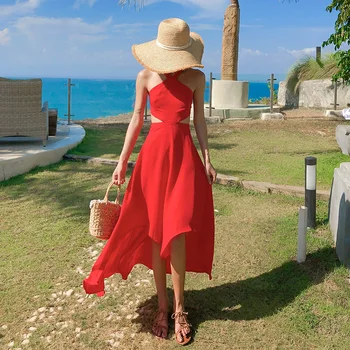 Dolge Rdeče Backless Ženske Povodcem Obleko Poletje 2020 Vzletno-Pristajalne Steze Eleganten Stranka Obleko Maxi Korejski Seksi Tropski Plaži, Počitnice Sundress