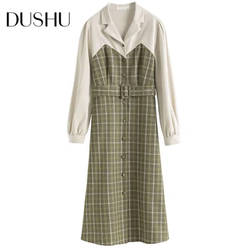 DUSHU Plus velikost mozaik kariran dolgo jopič obleka Ženske jeseni, pozimi elegantno srajco, obleko Ženski green office lady vintage obleko