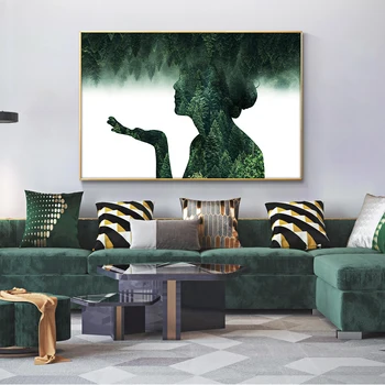 Dvojna Osvetlitev Gozd Ženska oljna slika na Platnu Plakatov in Fotografij Skandinavskih Stenskih slikah, za dnevni sobi Doma Dekor