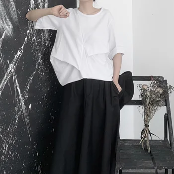 [EAM] Žensk Black Asimetrični Naguban Velike Velikosti T-shirt Nov Krog Vratu Pol Rokav Moda Plima Pomlad Jesen 2021 19A-a657