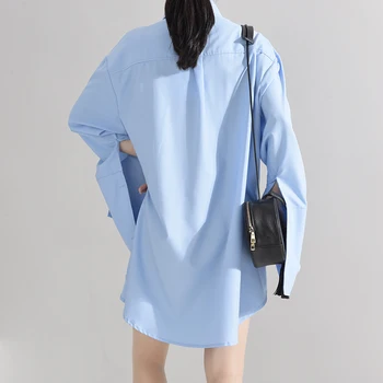 [EAM] Ženske, Modro Kratek Velika Velikost Pin za Nastavitev Bluzo New River Dolg Rokav Ohlapno Fit Majica Fashion Plima Pomlad Jesen 2021 1W48905