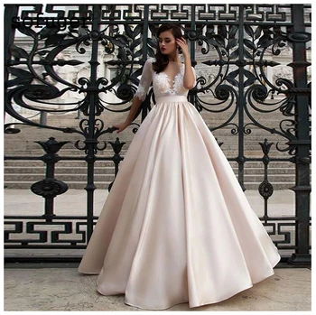 Eleganten Čipke Poročno Obleko Vestidos de novia 2019 Šampanjec Črto Poročne obleke Saten Seksi Romantični Dolžina Tal Poročnih Oblek
