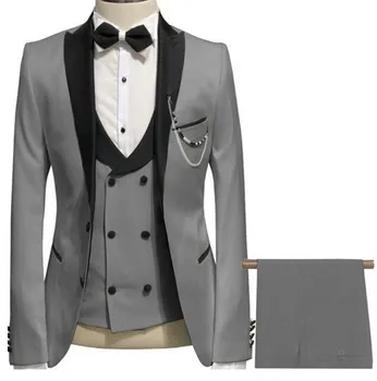 Elegantno Sivo Moških Obleko Maturantski Jopičem Slim Fit 3 Kos (Suknjič+Telovnik+Hlače) Ženina Poročna Oblačila Za Moške Po Meri Jopič