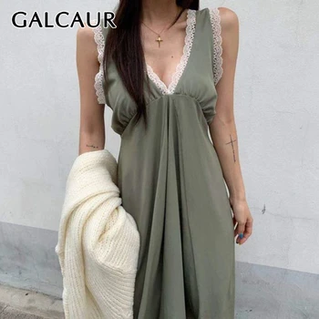 GALCAUR korejski Mozaik Čipke Obleko Žensk V Vratu Rezervoarja brez Rokavov Visoko Pasu Asimetrične Oversize Midi Ženske Obleke 2020 Oblačila