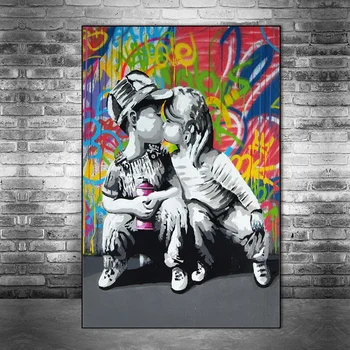 Grafiti Otrok Poljubljanje Umetnosti Platno, Tisk Slikarske Barve, Veselo, Živahno Steni Sliko Otroci Soba Dekoracijo Doma Plakat