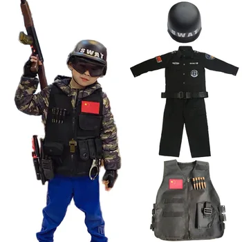 Halloween Posebno Sile Policista Cosplay Kostumi za Otroke Fantje Dekleta SWAT Vojska bo Ustrezala Policija Vloga-igra Kit Taktični Jopič, Čelada