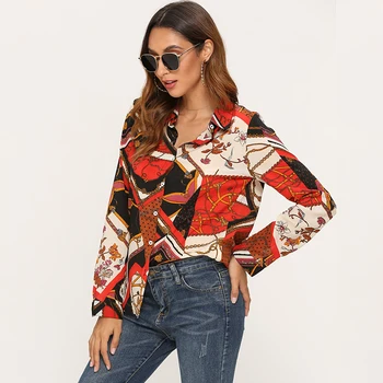 HiloRill Ženske Verige Tiskanje Bluze 2020 Svoboden Priložnostne Long Sleeve Vintage Majica Znižuj Ovratnik Urad Majica Za Dame Blusas