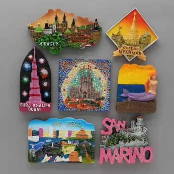 Hladilnik magneti Barcelona mozaik Burj khalifa dubaj zlati Mjanmar, Pragi, san diego, San Marino Tajski morska deklica domov, okras, darila