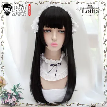 HSIU Harajuku Lolita lasuljo Princesa Cut lasuljo Tri-nož lasuljo Princesa Žensk dekle je lady sladko Srčkan Lolita cosplay lasuljo, Dolgo, črno