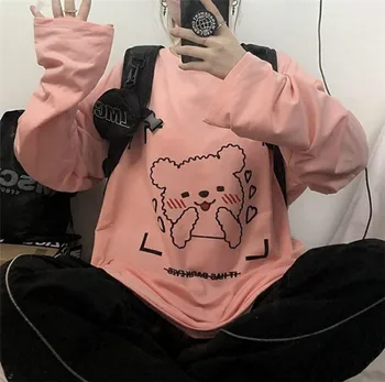 Japonski Ženska Smešno Roza Svoboden Dolgimi Rokavi Tshirt Tee Sweatshirts Natisnjeni Dekleta Kpop Bela Moda Za Ženske Športna Majica