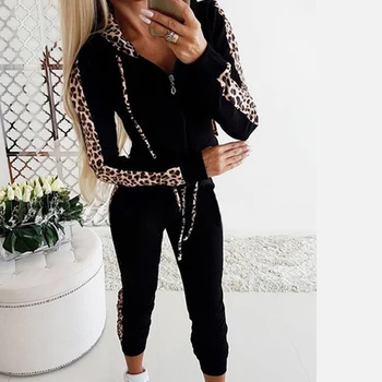 Jeseni, Pozimi Moda Trenirka Ženske Splice Runo Leopard Tiskanja Plašč S Kapuco Dveh Kosov Set Hoodies Dolge Hlače Obleko 2020