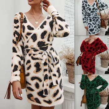 Kašmir Plus Velikost Dolgo Leopard Pulover Obleko Z Dolgimi Rokavi V Vratu Leopard Tiskanja Ohlapno Obleko 2019 Jeseni, Pozimi Ženske Obleke