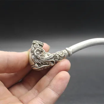 Kitajske ljudske stari Tibet srebro carving cigaret štedilnik Zmaj in Feniks Dim cevi pot