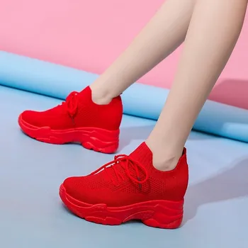Klin platforma čevlji rdeče bele Superge Ženske Dihanje Gospe Priložnostne Čevlji Očesa Zunanji Ženske Hoja Čevlji za Tenis Feminino