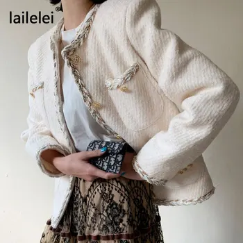 Korejski Chic Vintage Tweed Jakna Ženske Zimske Beloprsi Singl Dolg Rokav Volnene Plašč Vestidos Elegantes Nov Prihod Jeseni Leta 2020