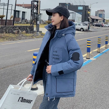 Korejski ženske zime dolge jakne svoboden debele parka hooded safari slogu pismo tiskanja bombaž, oblazinjeni suknjič femme cazadora mujer