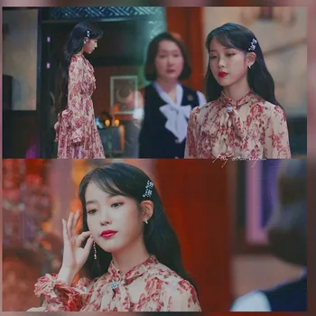 Kpop IE Lee Ji Eun poletje nov modni roza lok-vozel naguban Cvetlični obleka ženske stranka temperament seksi dolgo sleeved ohlapne obleke