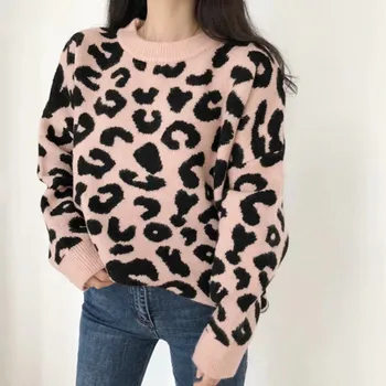Leopard Natisniti Pulover Ženske Pletene Barvne O-vratu Moda Priložnostne Jeseni, Pozimi Ohlapen Pulover Ženski Pulover Q316