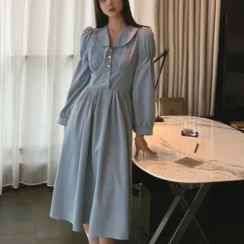 Letnik francoščina Visoko Pasu Modra A-Slim line Dolgo Obleko za Ženske Modni Priložnostne Vestidos Elegantno korejski Urad Dama Obleko Sukienka