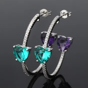 Ljubezen srce cirkon diamanti hoop uhani za ženske smaragdno zelena ametist gemstone, zlata, črna, srebrna barva indijski modni nakit