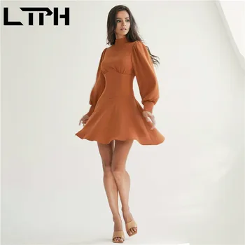 LTPH Moda Luč Rokav Pol Turtleneck Ženske obleke Temperament Visoko Pasu Slim Preprosto Priložnostne A-linija obleke 2020 Jeseni Nova