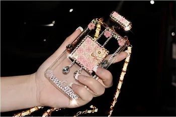 Luksuzni Bleščice Bling Diamond Stekleničke Parfuma DIY Nosorogovo Primeru Telefon Z Verigo Za Samsung S7 S8 S9 S10 PLUS Note5 8 9 10 Plus