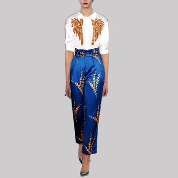 Luksuzni Oblikovanje High Street Ženske Slog Dveh Kosov Hlače Določa Sequined Shirt Tiskanje Slim Hlače Modni Twin Seti Obleke
