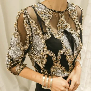 Luksuzni ženske kristalno Tiste vezenine Bluzo čipke Geometrijske Težka kroglice Srajce seksi blusas camisa Klubi Votlih Vrhovi 2019