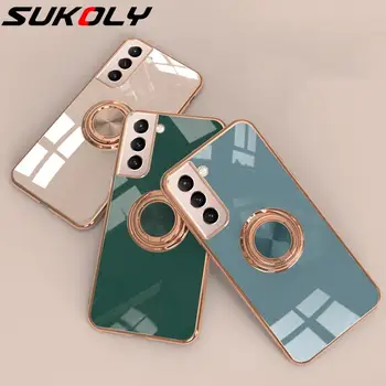 Magnetni Oporo Shockproof Silikonski Pokrovček za Samsung Galaxy S20 S21 Ultra S20 FE S21 Plus Plating Mehko Prst Prstan Imetnika