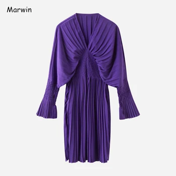 Marwin 2021 Novo-Prihaja Pomlad Trdna Draped Proti-Vrat Imperij Flare Rokavi Ženske Obleke High Street Style Kolena-Dolžina Obleke