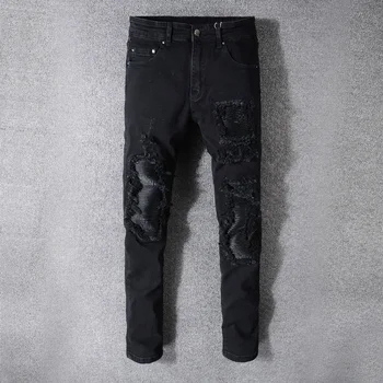 Moda Ulične Moške Jeans Visoke Kakovosti Črne Barve Slim Fit Elastična Ripped Kavbojke Moški Mozaik Usnje Razrezana Hip Hop Kavbojke