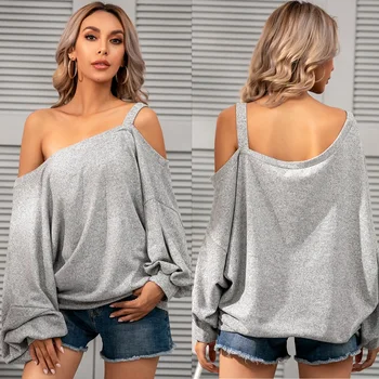 Moda Za Ženske Priložnostne Ohlapne Majice Off Ramenski Dolgo Rokavi T-Majice Seksi Vrhovi