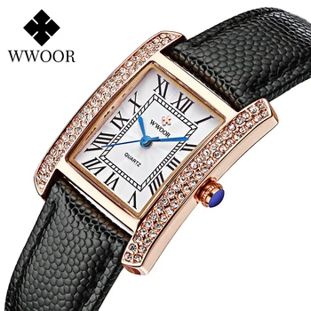 Montre Femme WWOOR Elegantne Ženske Ure Znane blagovne Znamke Luksuzni Diamond Kvadratnih Ženske Zapestje Gledati Črno Usnjeno Zapestnico Watch 2020