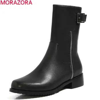 MORAZORA 2020 Visoke kakovosti gleženj škornji pravega usnja črne barve ženske čevlji z nizko peto kvadratni toe jeseni, pozimi dame čevlji