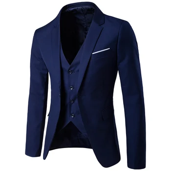 Moške Formalnih Poslovnih Slim Fit Mornarsko Modra 3pc Barve (Suknjič+Hlače+Telovnik) 2019 Pomlad Novo Gumb Zarezo River Kostum Homme