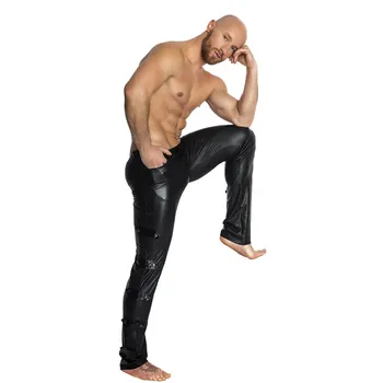 Moške Seksi Črna wetlook PVC latex spodnje perilo, moške usnjene hlače z zadrge Svinčnik Skinny Hlače iz lateksa dokolenke Erotično Gej Klub Obrabe