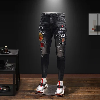 Moški Nov Trend Raztrgala Vezenje Priložnostne Slim Fit Jeans Hlače