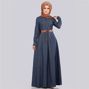 Musulman 5xl Muslimanskih Denim Obleke, Ženske Big Swing A-line Maxi Obleko z Dolgimi Rokavi Islam Hidžab Obleko Dubaj Arabsko-Islamska Oblačila