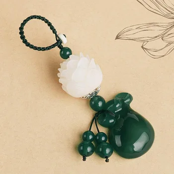 Naravni Chalcedony Srečo, Bogastvo Vrečko Obesek Ročno Izrezljane Lotus Keychains Key Ring Ključa Imetnika za Ženske Avto Torbe Oprema