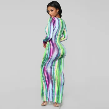 NCLAGEN 2020 Pomlad Ženske Modni Pisane Tie Dye Dolg Rokav Hip Paket Prevelik Obleka Ženske Seksi V Vratu Stranka Obleke