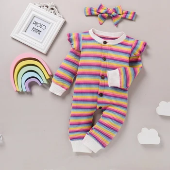 Newborn Baby Dekle Pomlad Jesen Obleko Pisane Trakove Dolg Rokav Ruffle Romper + Glavo 2Pcs Oblačila, ki 2020
