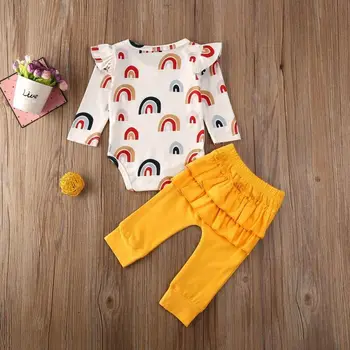 NOVO leto 2020 Novorojenih Otrok Baby Dekle Mavrica Oblačila Romper Ruffle Hlače, Dokolenke Obleko Set